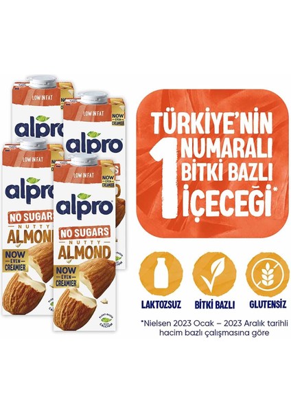Badem Sütü 4x1 lt Şekersiz Vegan Laktozsuz Belçika Üretimi Bitkisel İçecek