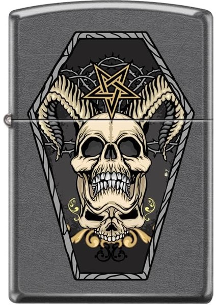 Horned Skull And Inverted Pentagram In Coffin - Classic Gray Dizayn Çakmak
