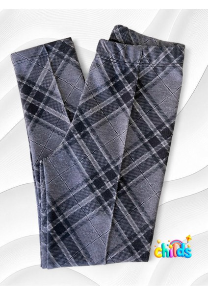 Ekoseli Gri Çelik Interlok Orta Kalın Pamuklu Likralı Kız Çocuk Nervür Dikişli Pantolon Tayt