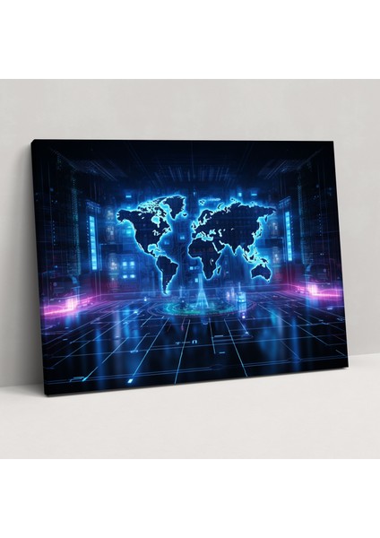 Fütüristik Dünya Haritası Kanvas Tablo - Dünya Haritası Kanvas Duvar Sanatı Fütüristik Tasarım