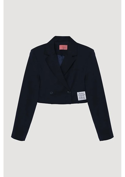 Biyeli Etiket Detaylı Crop Ceket - Lacivert
