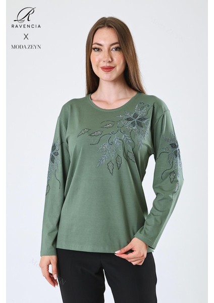 Kadın Orta Yaş ve Üzeri Viskon Çiçek Desen Taşlı Işlemeli Likralı Yeşil Anne Penye Bluz