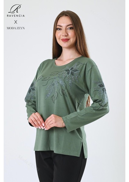 Kadın Orta Yaş ve Üzeri Viskon Çiçek Desen Taşlı Işlemeli Likralı Yeşil Anne Penye Bluz fiyatları