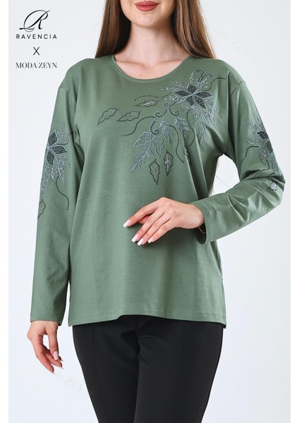 Kadın Orta Yaş ve Üzeri Viskon Çiçek Desen Taşlı Işlemeli Likralı Yeşil Anne Penye Bluz fırsatları