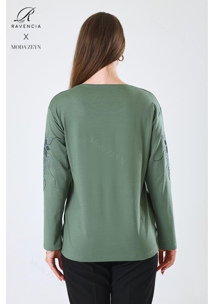 Kadın Orta Yaş ve Üzeri Viskon Çiçek Desen Taşlı Işlemeli Likralı Yeşil Anne Penye Bluz indirimleri