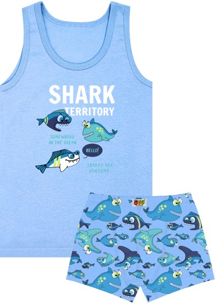 Erkek Çocuk Atlet Boxer Likralı Mavi Shark (%96 Pamuk - %4 Elastan)