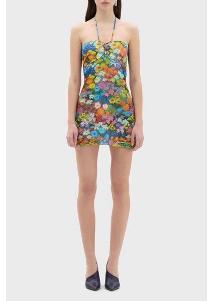 Çiçek Desenli Boyundan Bağlamalı Mini Elbise Bayan Elbise LB23SSHOEFUDR