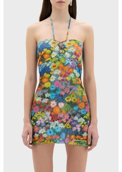 Çiçek Desenli Boyundan Bağlamalı Mini Elbise Bayan Elbise LB23SSHOEFUDR fırsatları