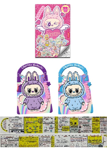 Labubu Çıkartmalı Boyama Kitapları 3'lü Set + Mat. Öğreten Cetvel