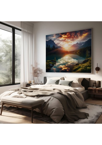 Zen Duvar Sanatı - Huzurlu Göl Üzerinde Büyüleyici Günbatımı - Duvar Dekorasyonu modelleri