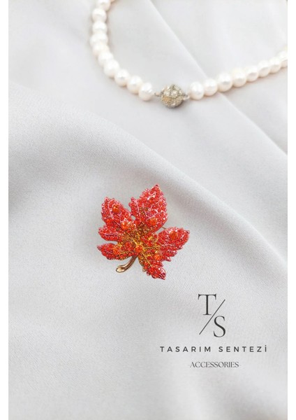 Broş Metal Rozet Yaprak Taşlı Kırmızı Yaka Kıyafet Şapka Takı Aksesuar Hediye