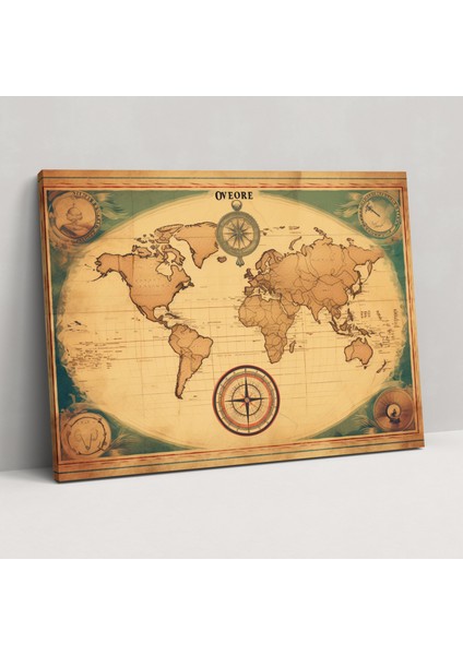 Vintage Dünya Haritası Kanvas Tablo Baskı - Dünya Haritası Pusula Illüstrasyonu Vintage Retro Stil