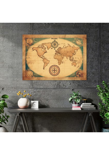 Vintage Dünya Haritası Kanvas Tablo Baskı - Dünya Haritası Pusula Illüstrasyonu Vintage Retro Stil modelleri