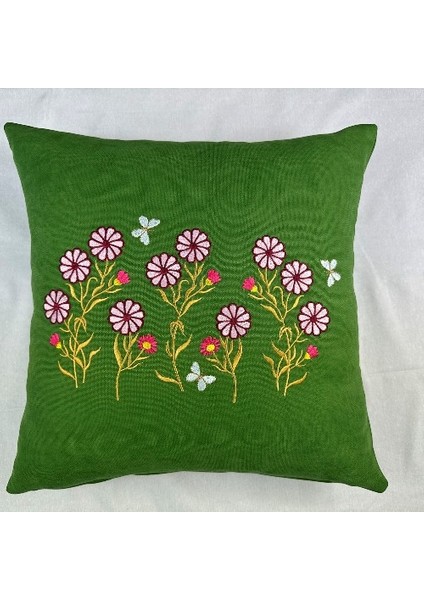 Pembe Renk Çiçek Desenli Nakışlı Yastık Kılıfı 40X40 | Kırlent Kılıfı Fermuarlı 4lü modelleri