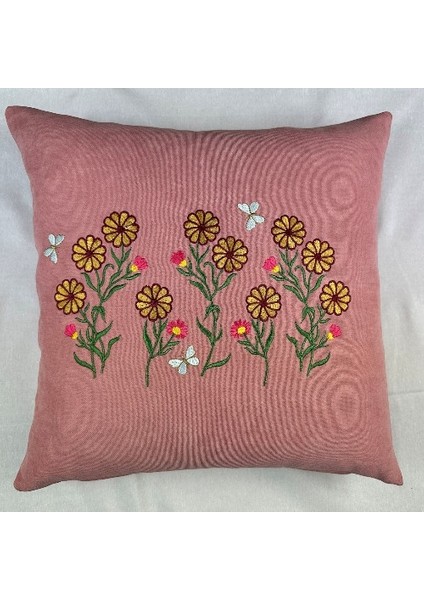 Pembe Renk Çiçek Desenli Nakışlı Yastık Kılıfı 40X40 | Kırlent Kılıfı Fermuarlı 4lü fiyatları