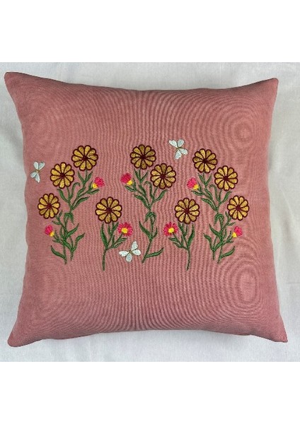 Pembe Renk Çiçek Desenli Nakışlı Yastık Kılıfı 40X40 | Kırlent Kılıfı Fermuarlı 4lü modelleri