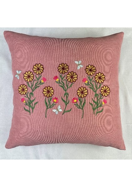 Pembe Renk Çiçek Desenli Nakışlı Yastık Kılıfı 40X40 | Kırlent Kılıfı Fermuarlı 4lü indirimleri