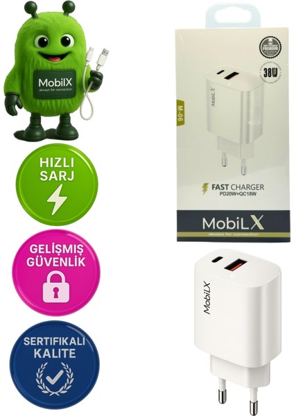 Mobilx 38W Hızlı Şarj Başlığı – PD20W + QC18W | Model: M-06