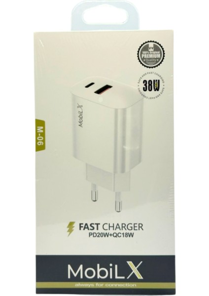 Mobilx 38W Hızlı Şarj Başlığı – PD20W + QC18W | Model: M-06 modelleri