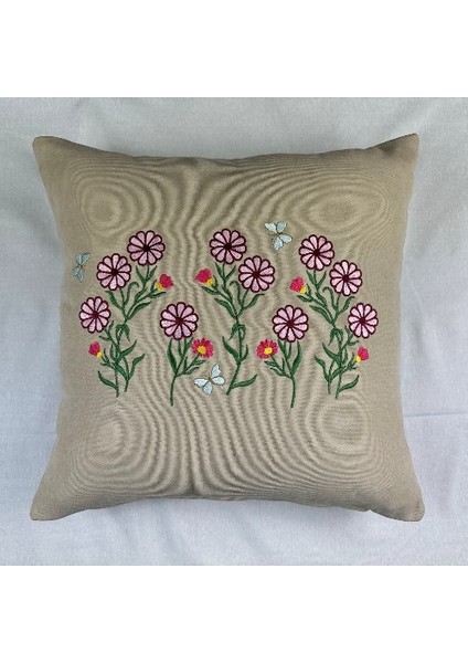 Pembe Renk Çiçek Desenli Nakışlı Yastık Kılıfı 40X40 | Kırlent Kılıfı Fermuarlı 4lü fırsatları