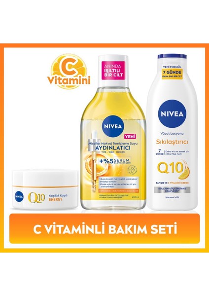 C Vitamini Bakım Seti, Q10 Sıkılaştırıcı Losyon 250ML, Gündüz Kremi 50ML,MAKYAJ Temizleme Suyu 400ML