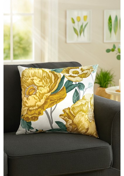 Duck Çiçekli Kırlent Kılıfı Sarı Yeşil 40X40