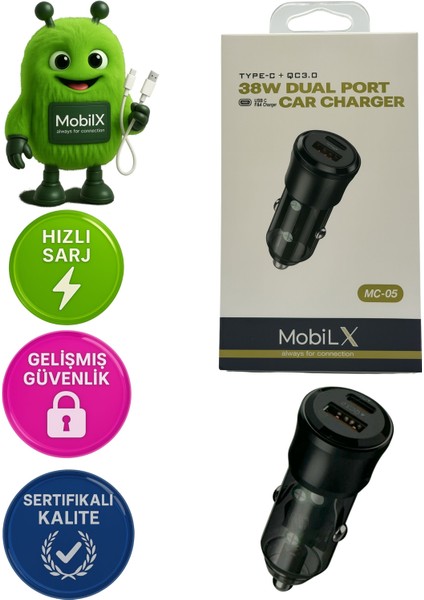 Mobilx 38W Araç Şarj Cihazı – Çift USB Çıkışlı | Type-C + Qc 3.0 | Model: Mc-05