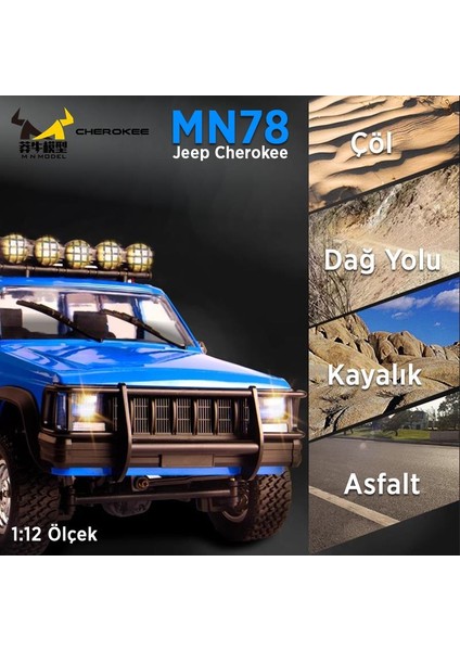 MN78 1/12 Jeep Cherokee 4x4 Rc Model Crawler Offroad Truck Uzaktan Kumandalı Araba Rtr Mavi+Dahili Işık Seti modelleri