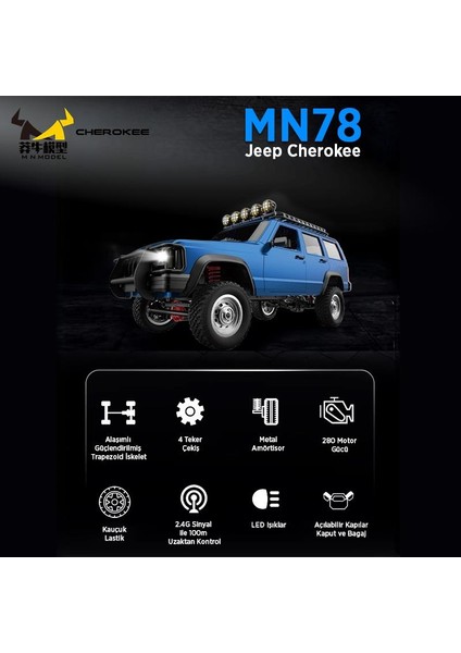 MN78 1/12 Jeep Cherokee 4x4 Rc Model Crawler Offroad Truck Uzaktan Kumandalı Araba Rtr Mavi+Dahili Işık Seti fırsatları