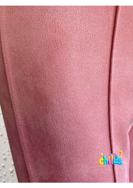 Süet Şardonsuz Pembe Likralı Kız Çocuk Nervür Dikişli Pantolon Tayt