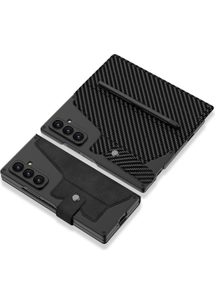 Samsung Galaxy Z Fold 7 Uyumlu Kamera Korumalı Carbon Tasarımlı Kıpta Kalemlikli Kapak Kılıf modelleri