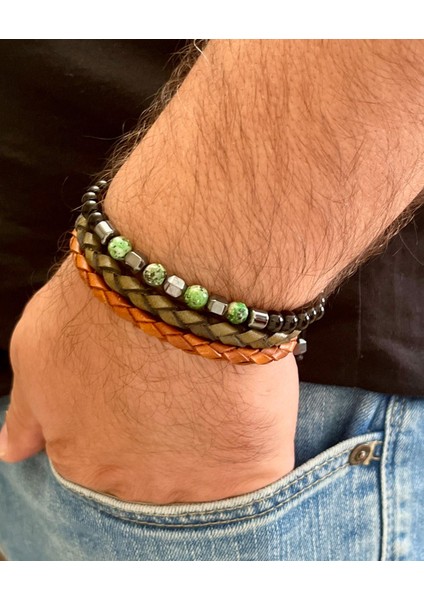 %100 Deri&hematit Kombinli 3lü Erkek Bileklik Set 21 cm (Türk El Üretimi)