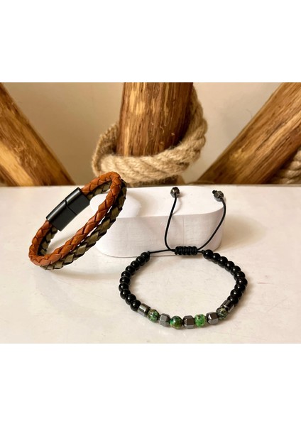 %100 Deri&hematit Kombinli 3lü Erkek Bileklik Set 21 cm (Türk El Üretimi) fırsatları
