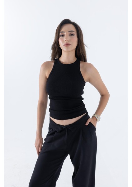 Fitilli Regular Fit Normal Kalıp Siyah Bisiklet Yaka Sıfır Kol Pamuklu Kadın Atlet modelleri