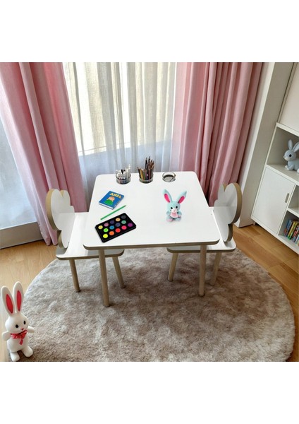 Yaz Sil Yüzey 1 Adet Masa ve Bulut Desenli 2 Sandalye Aktivite Masası Kalemlık, Bardak Haznelı