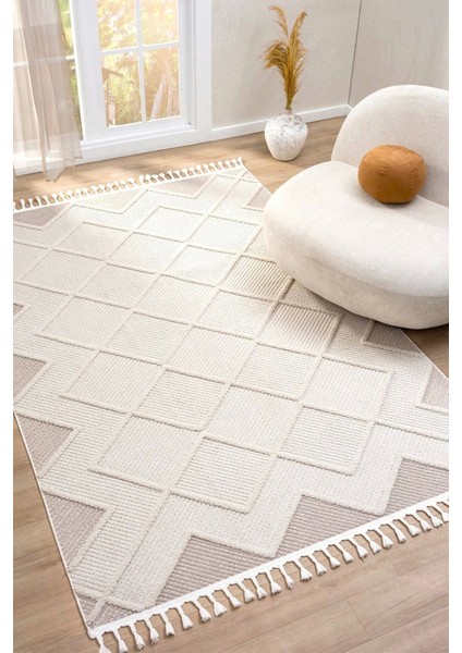 Krem Modern Saçaklı Dokuma Halı Oturma Odası Salon Halısı