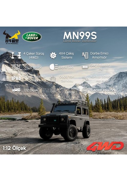 MN99S V2 1/12 Land Rover Defender 4WD Rc Model Crawler Offroad Uzaktan Kumandalı Araba Truck Rtr Lisanslı Gümüş+Dahili Işık Seti MN-99S V2 modelleri