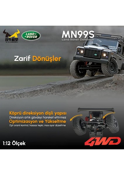 MN99S V2 1/12 Land Rover Defender 4WD Rc Model Crawler Offroad Uzaktan Kumandalı Araba Truck Rtr Lisanslı Gümüş+Dahili Işık Seti MN-99S V2 fırsatları