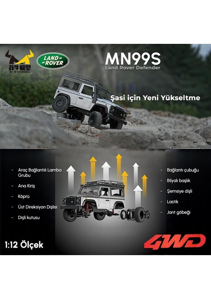 MN99S V2 1/12 Land Rover Defender 4WD Rc Model Crawler Offroad Uzaktan Kumandalı Araba Truck Rtr Lisanslı Gümüş+Dahili Işık Seti MN-99S V2 indirimleri