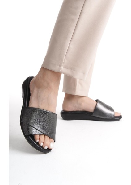 Ortopedik Deri Taban Topuk Dikeni Destekli Günlük Platin Terlik modelleri