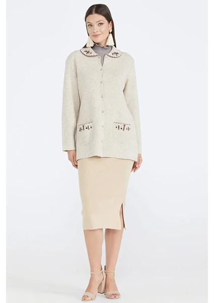 Kadın Polo Yaka Cepli Nakışlı Triko Ceket - Açık Bej fiyatları