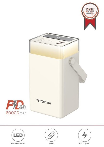 TRM-1061 Beyaz 60.000 Mah Type-C + Lightning + USB Taşınabilir 22,5 W Hızlı Şarj Dijital Göstergeli Rgb LED Işıklı Powerbank