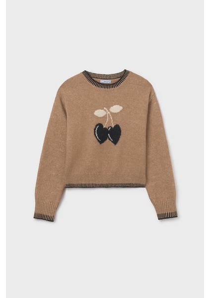 Kız Çocuk Kiraz Jakarlı Triko Kazak - Camel