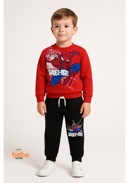 Erkek Çocuk Örümcek Adam Baskılı 2’li Eşofman Takımı Kırmızı Sweatshirt & Siyah Pantolon Günlük Kullanıma Uygun