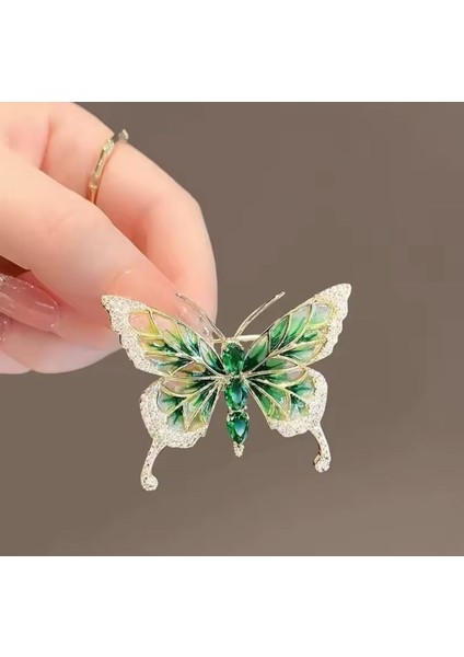 Zirkon Taşlı Yeşil Renk Mineli Altın Renk Tasarım Kelebek Broş