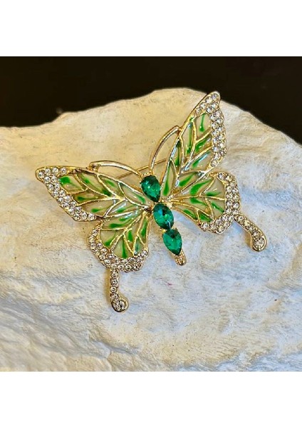 Zirkon Taşlı Yeşil Renk Mineli Altın Renk Tasarım Kelebek Broş fiyatları
