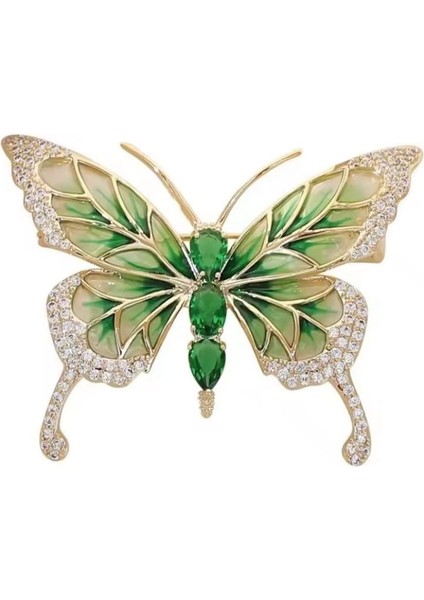 Zirkon Taşlı Yeşil Renk Mineli Altın Renk Tasarım Kelebek Broş modelleri