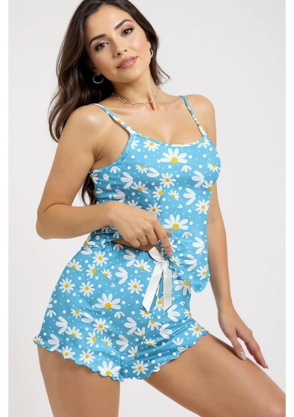 Papatya Baskılı Mavi Askılı Şortlu Pijama Takımı