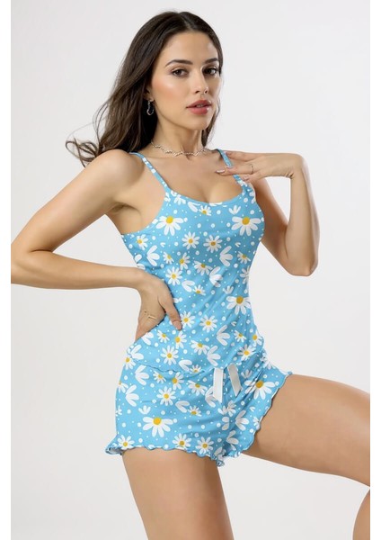 Papatya Baskılı Mavi Askılı Şortlu Pijama Takımı fiyatları