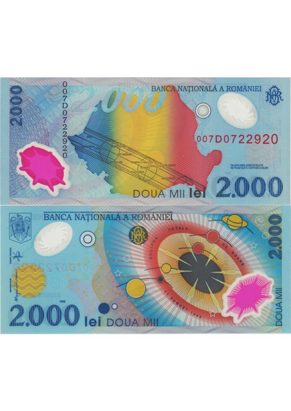 Romanya 2000 Ley 1999 Hatıra Polymer. Güneş Sistemi-Tam Tutulma ve Yeni Milenyum Temalı. Çil